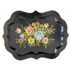Vintage 1950s Hand Painted Floral Toleware Tray Black Gold Scalloped 26"x 20"